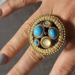 Faux pearl turquoise beaded statement‎ ring